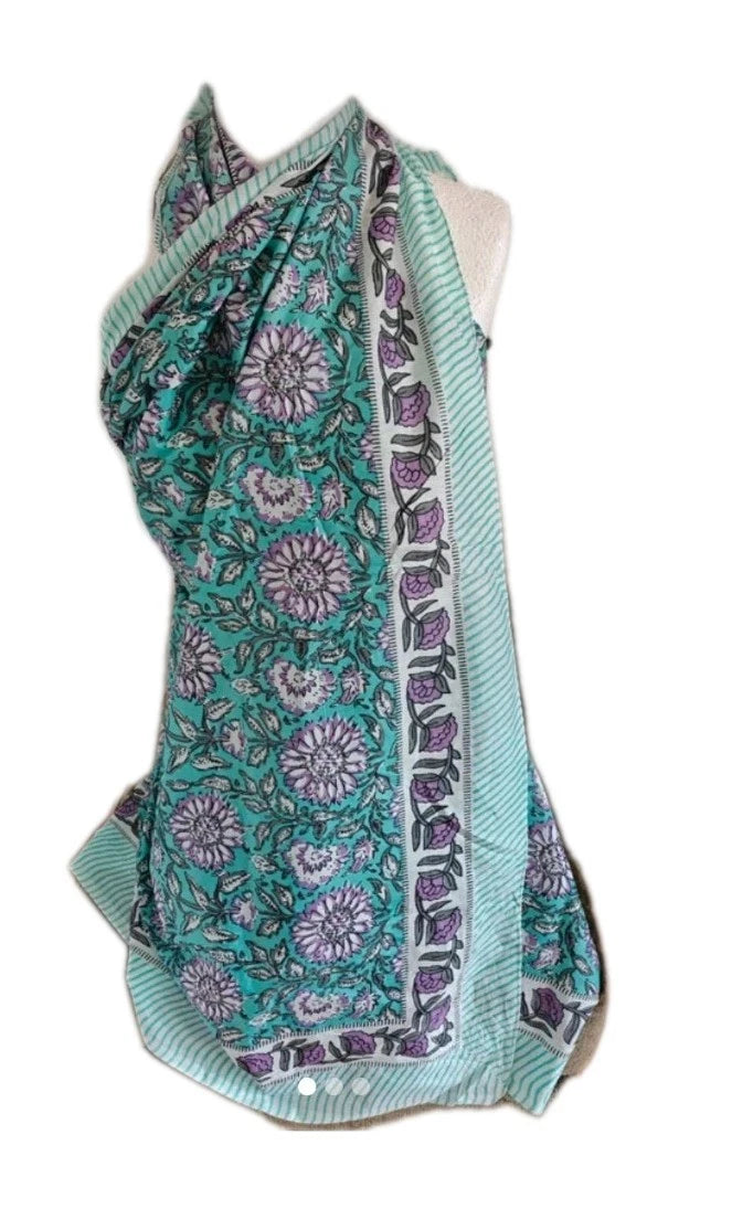 Hand Block Print Indian Cotton Oversize Scarf, Sarong, Throw, Beach Cover,