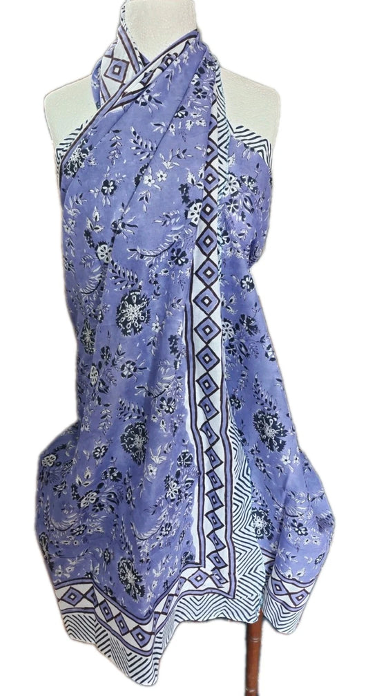 Hand Block Print Indian Cotton Oversize Scarf, Sarong, Throw, Beach Cover,