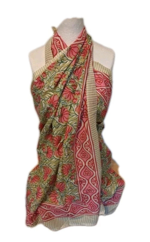 Hand Block Print Indian Cotton Oversize Scarf, Sarong, Throw, Beach Cover,