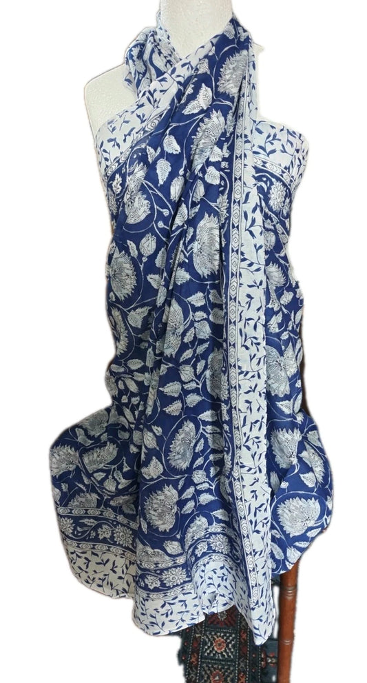Hand Block Print Indian Cotton Oversize Scarf, Sarong, Throw, Beach Cover,