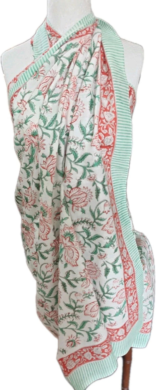Hand Block Print Indian Cotton Oversize Scarf, Sarong, Throw, Beach Cover,
