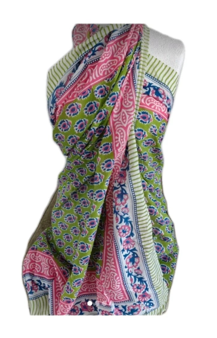 Hand Block Print Indian Cotton Oversize Scarf, Sarong, Throw, Beach Cover,