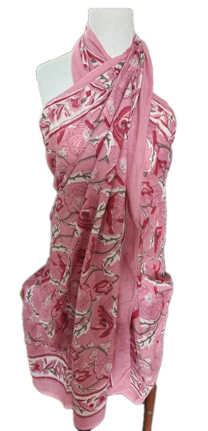 Hand Block Print Indian Cotton Oversize Scarf, Sarong, Throw, Beach Cover,