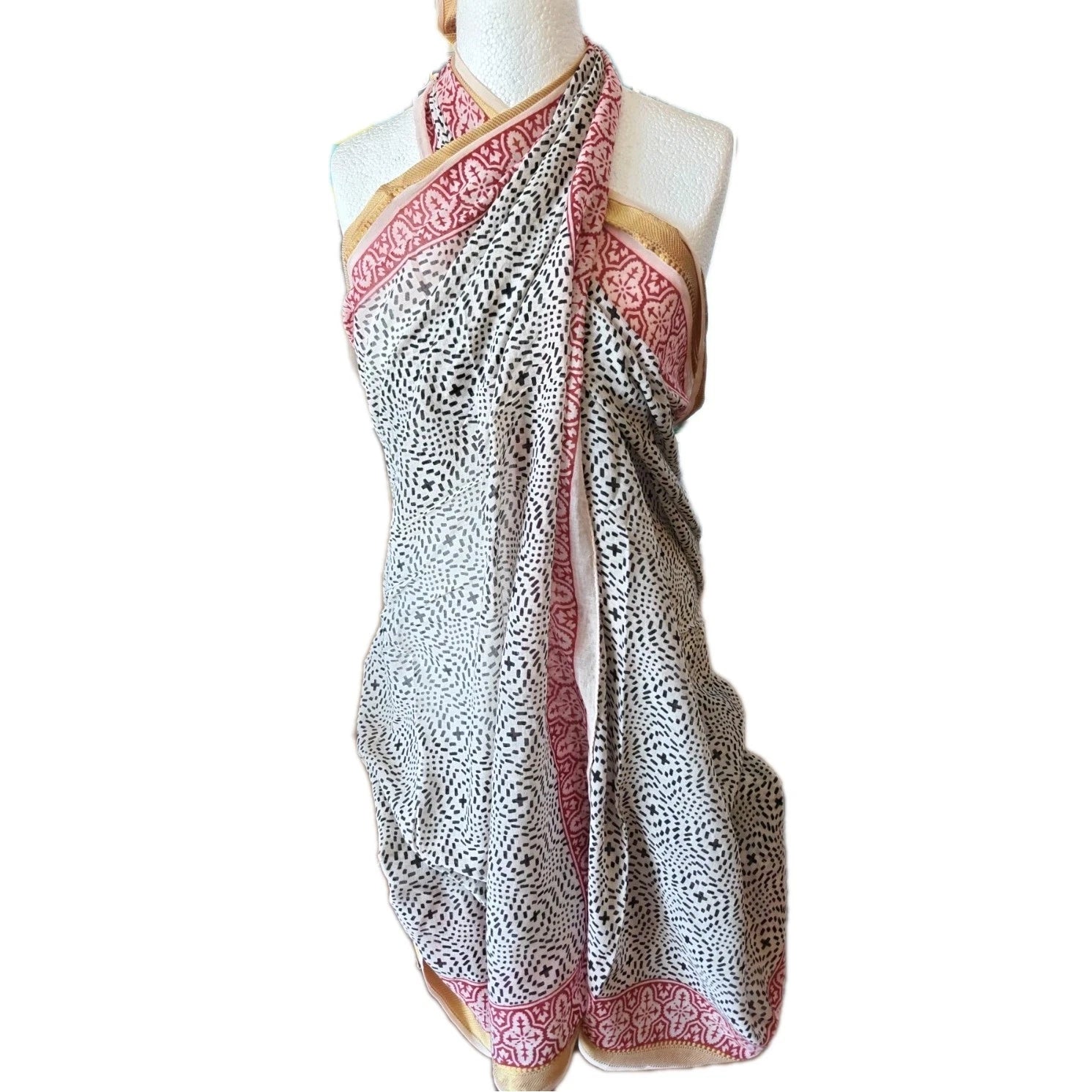 Hand Block Print Indian Boho Golden Stripe  Cotton Oversize Scarf, Beach ,sarong