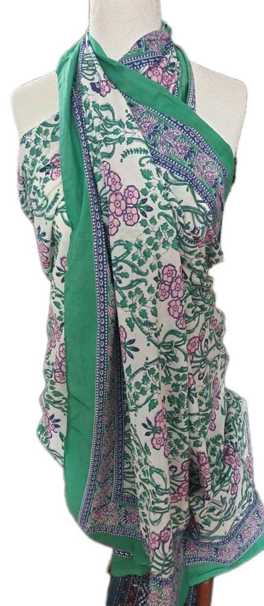 Hand Block Print Indian Cotton Oversize Scarf, Sarong, Throw, Beach Cover,