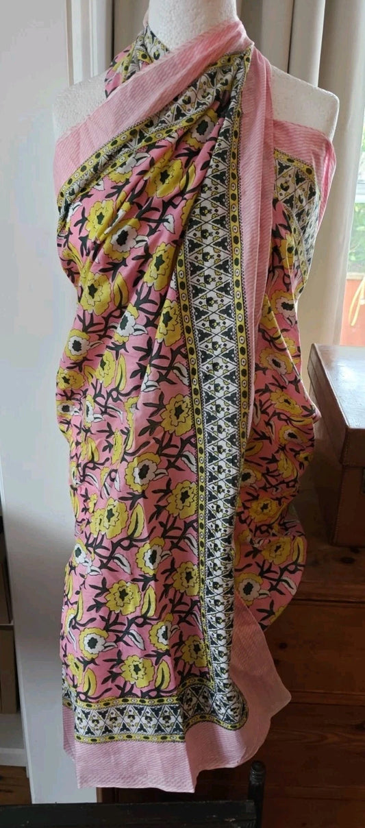Hand Block Print Indian Cotton Oversize Scarf, Sarong, Throw, Beach Cover,