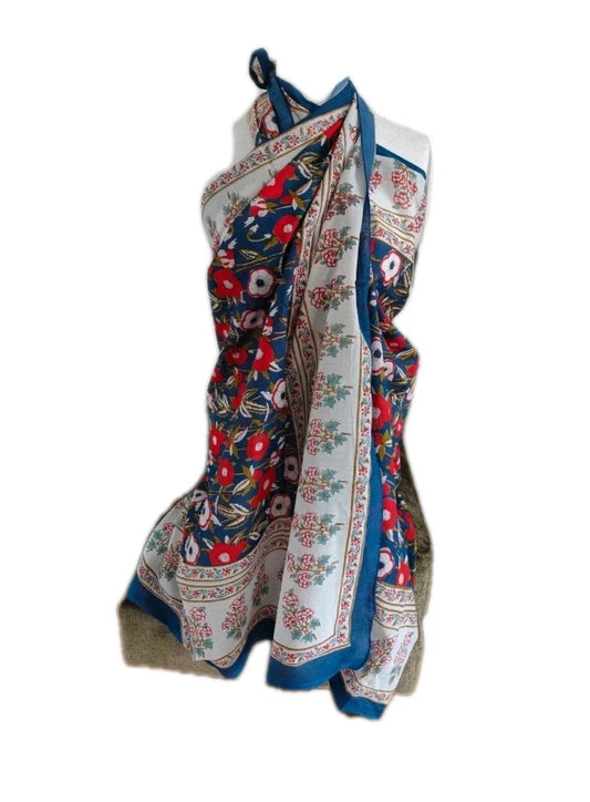 Hand Block Print Indian Cotton Oversize Scarf, Sarong, Throw, Beach Cover,