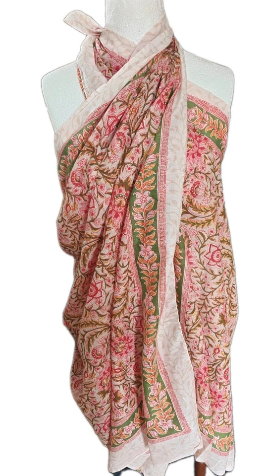 Hand Block Print Indian Cotton Oversize Scarf, Sarong, Throw, Beach Cover,